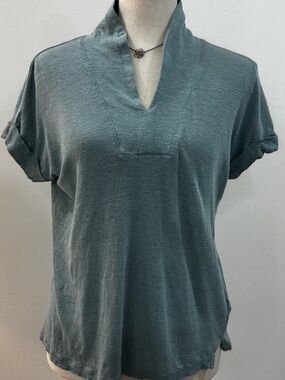Jones & Co. Linen High Neck Shirt Sleeve Slate Blue Summer Blouse Womens XS